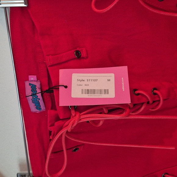 NWT Edikted Flare Grommet Lace Up Pants Jeans Red Punk Size Medium - Picture 4 of 6